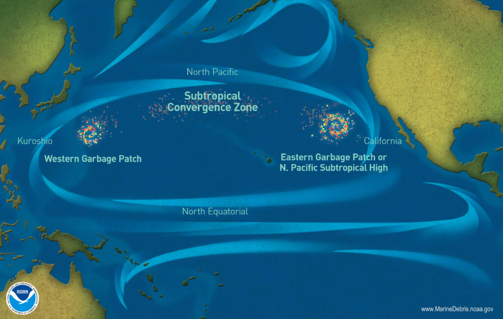 NOAA map illustrating a bunch of garbage patches in the oceans.