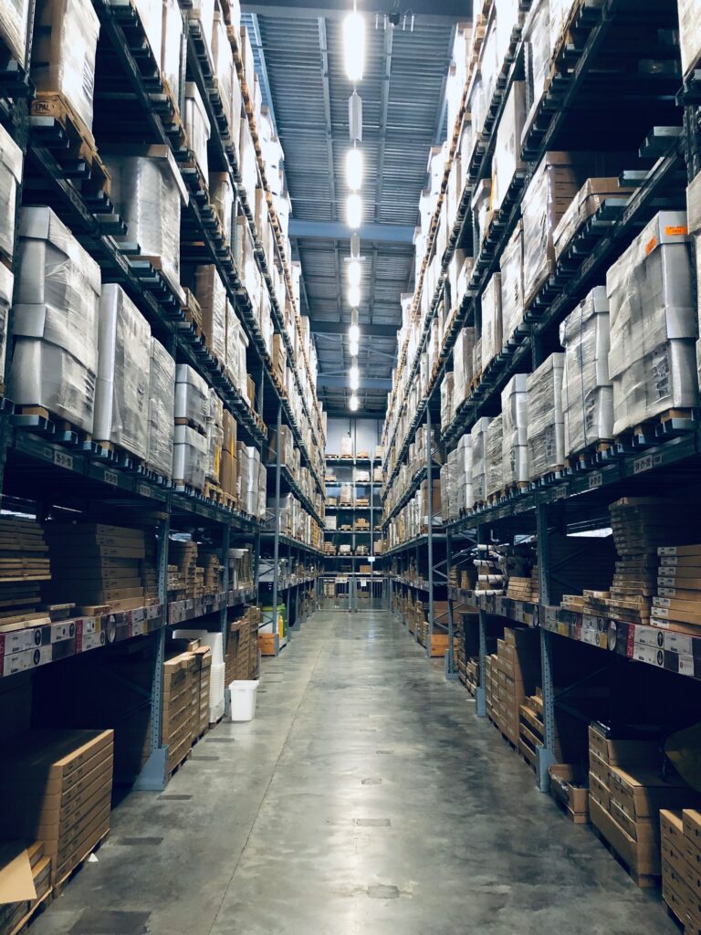 Looking down the aisle in a warehouse