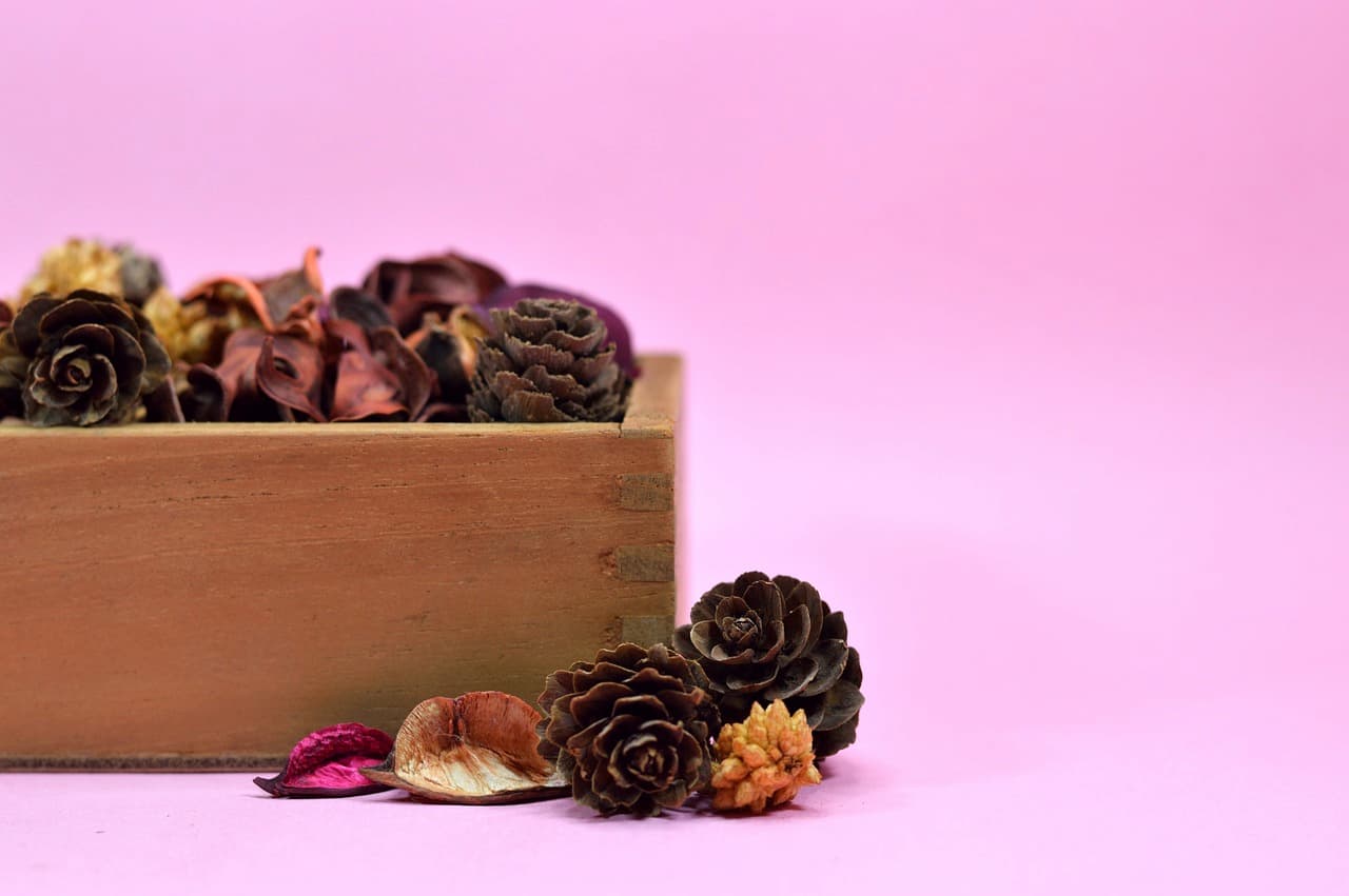 Potpourri in a wooden box on a pink background.